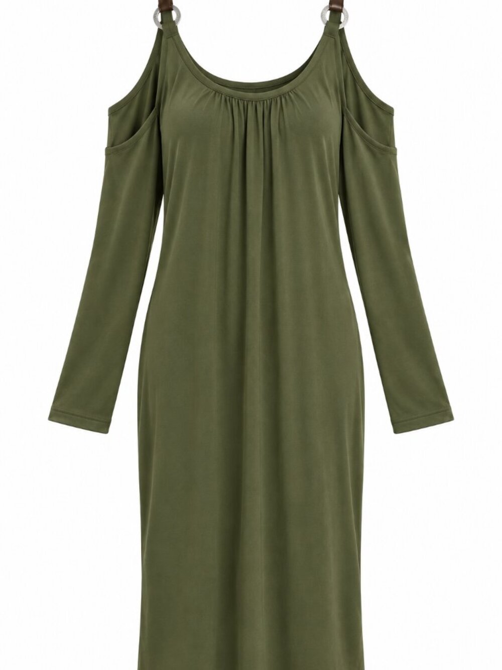 MICHAEL Michael Kors Women Olive Green Cold Shoulder Dress Leather Trim Medium
